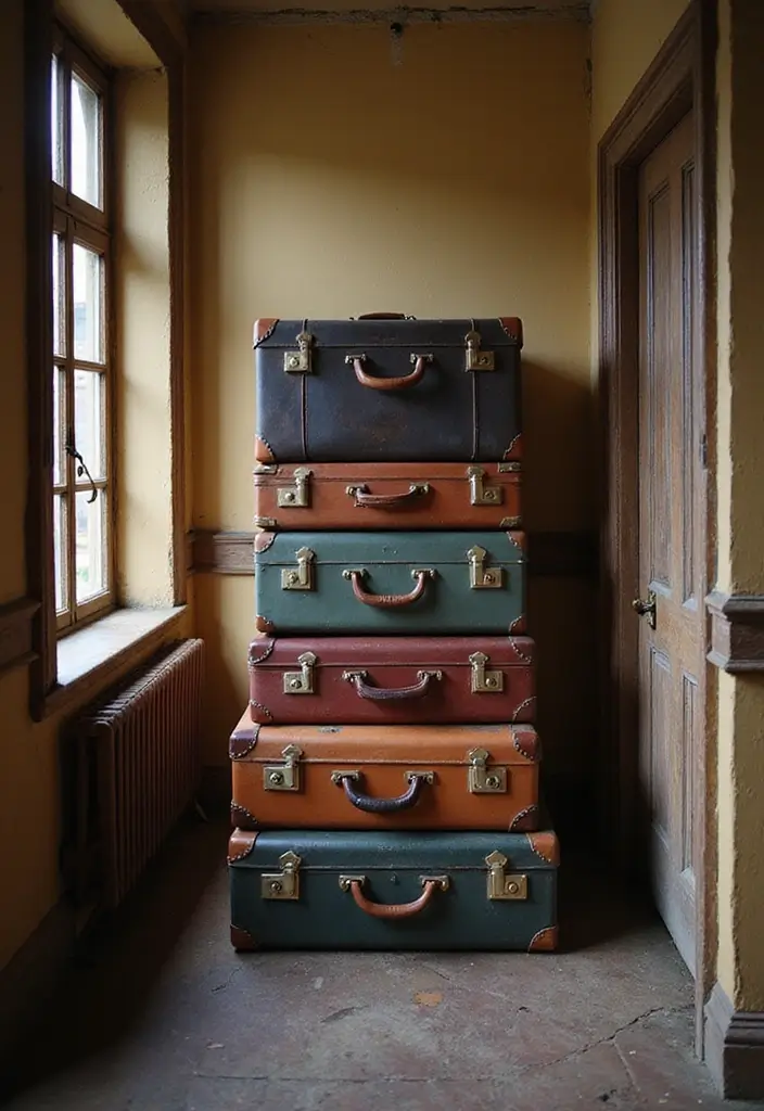 27 Victorian Hallway Designs That Bring Old-World Charm 16 27 Victorian Hallway Designs That Bring Old-World Charm - 16. Vintage Suitcases and Trunks