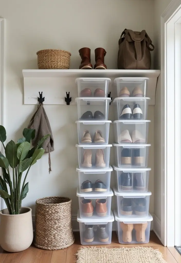 28 Entryway Shoe Storage Hacks to Hide the Mess 11 28 Entryway Shoe Storage Hacks to Hide the Mess - 11. Clear Shoe Bins