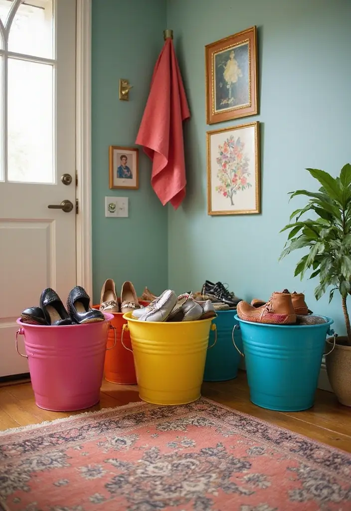28 Entryway Shoe Storage Hacks to Hide the Mess 13 28 Entryway Shoe Storage Hacks to Hide the Mess - 13. Stylish Buckets