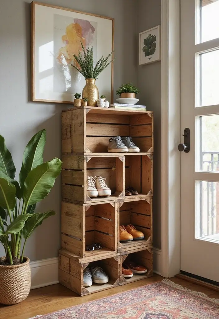 28 Entryway Shoe Storage Hacks to Hide the Mess 3 28 Entryway Shoe Storage Hacks to Hide the Mess - 3. Recycled Crate Storage