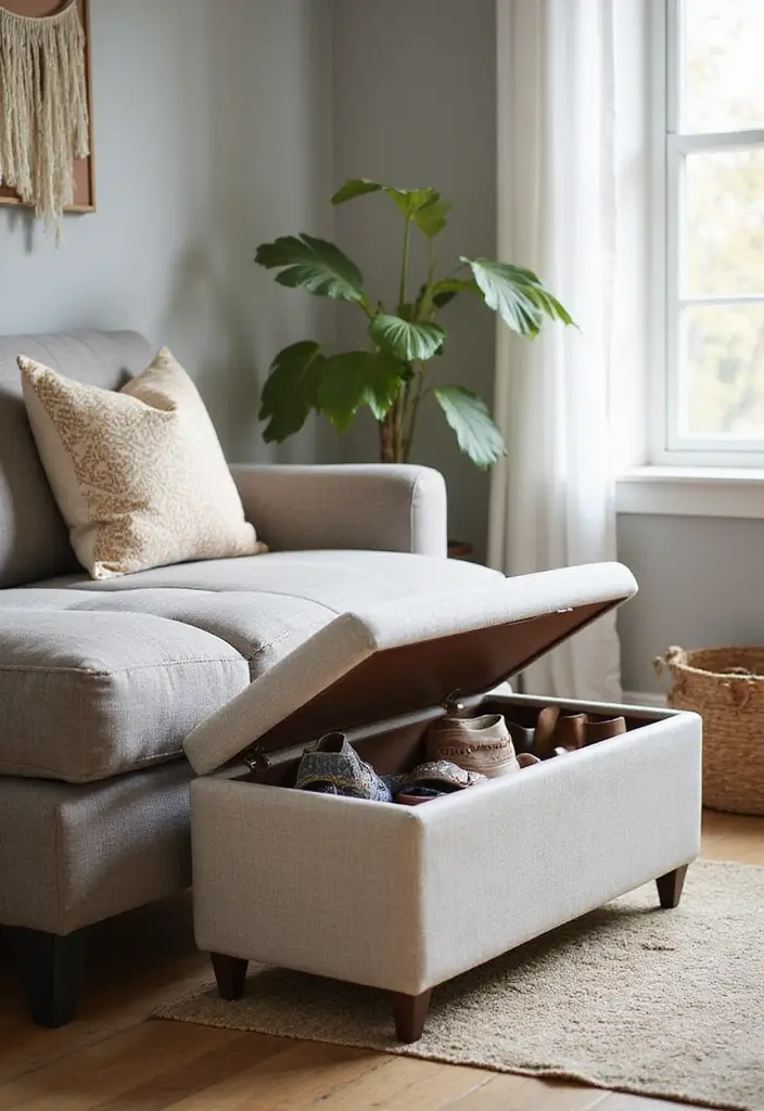 28 Entryway Shoe Storage Hacks to Hide the Mess 4 28 Entryway Shoe Storage Hacks to Hide the Mess - 4. Hidden Shoe Storage Ottoman