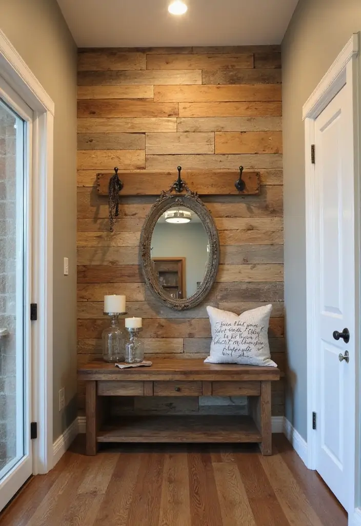 29 Accent Wall Entryway Inspirations That Pop with Style 1 29 Accent Wall Entryway Inspirations That Pop with Style - 1. Reclaimed Wood Charm