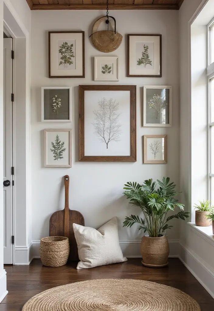29 Accent Wall Entryway Inspirations That Pop with Style 10 29 Accent Wall Entryway Inspirations That Pop with Style - 10. Farmhouse Gallery Wall