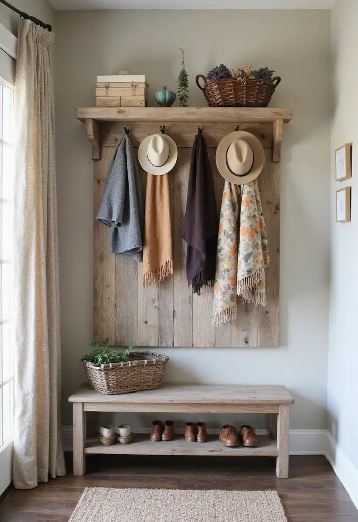 29 Accent Wall Entryway Inspirations That Pop with Style 14 29 Accent Wall Entryway Inspirations That Pop with Style - 14. Rustic Farmhouse Coat Rack