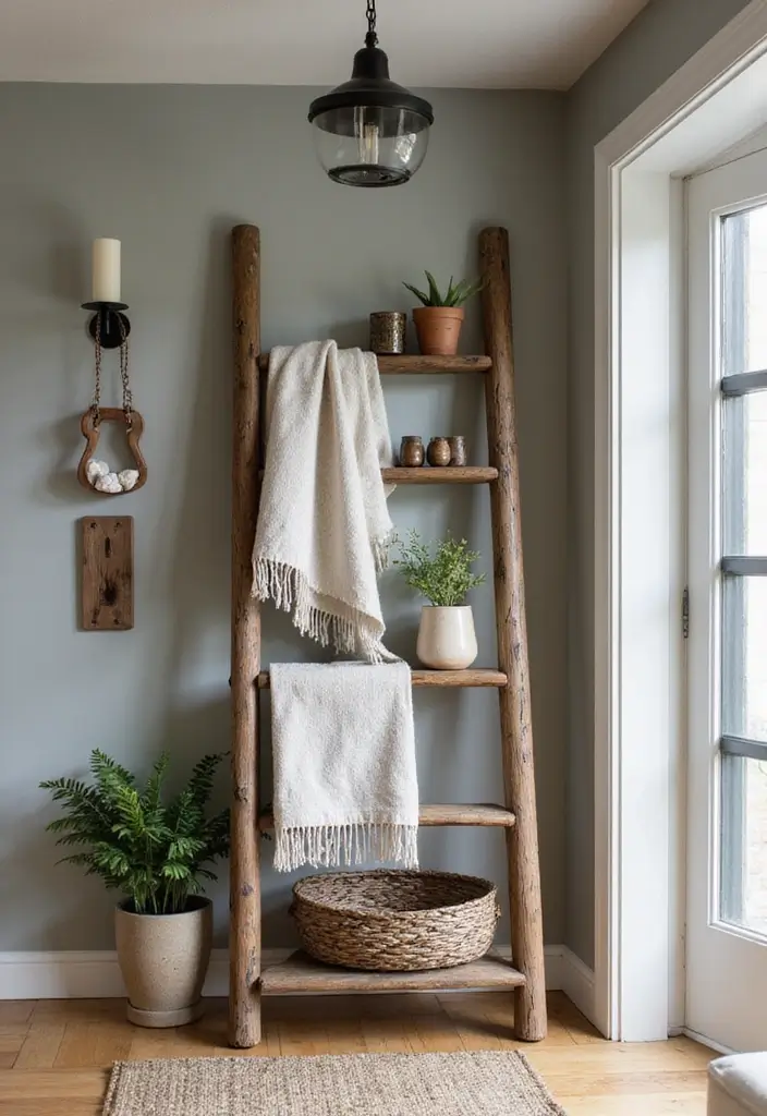 29 Accent Wall Entryway Inspirations That Pop with Style 21 29 Accent Wall Entryway Inspirations That Pop with Style - 21. Rustic Ladder Displays