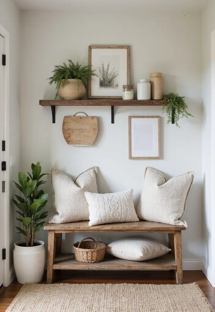 29 Accent Wall Entryway Inspirations That Pop with Style 25 29 Accent Wall Entryway Inspirations That Pop with Style - 25. Rustic Farmhouse Bench