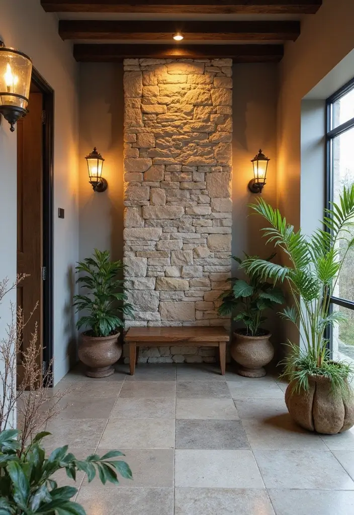 29 Accent Wall Entryway Inspirations That Pop with Style 5 29 Accent Wall Entryway Inspirations That Pop with Style - 5. Textured Stone Wall
