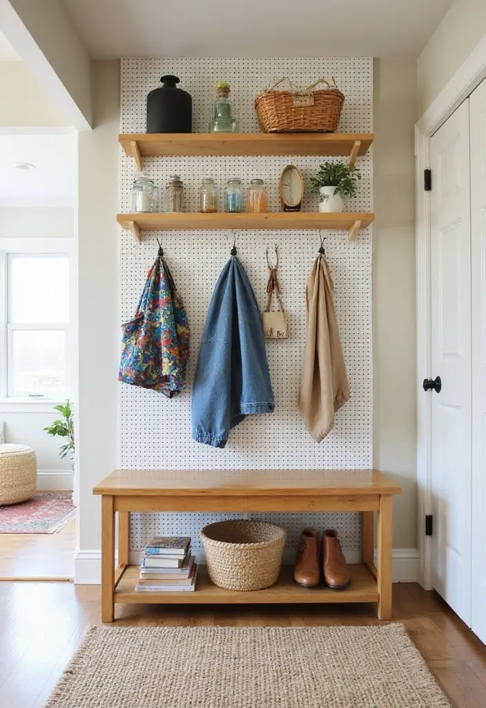 29 Accent Wall Entryway Inspirations That Pop with Style 6 29 Accent Wall Entryway Inspirations That Pop with Style - 6. Stylish Pegboard Setup
