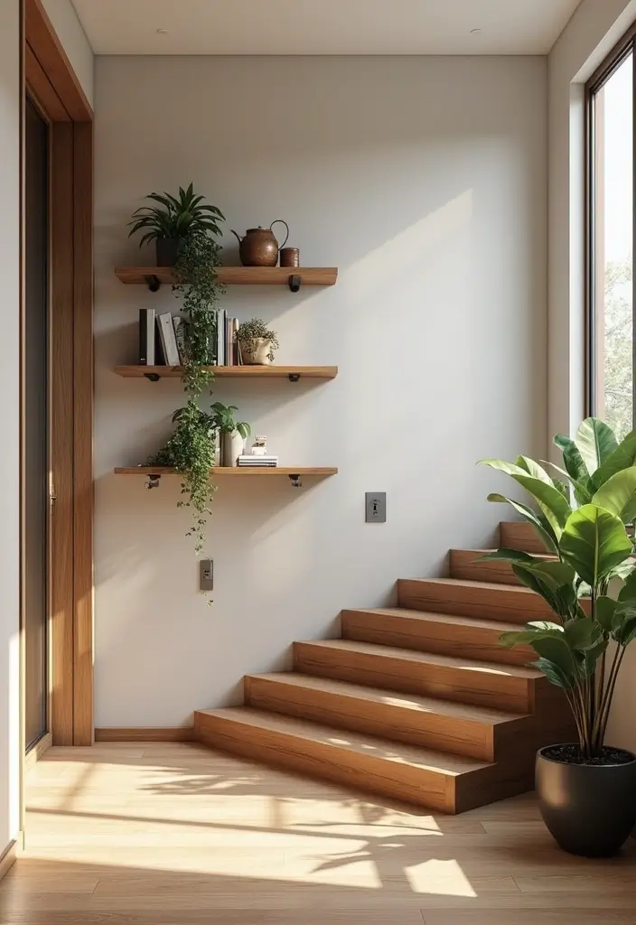 29 Hallway Stairs Inspirations That Maximize Vertical Space 1 29 Hallway Stairs Inspirations That Maximize Vertical Space - 1. Stylish Floating Shelves