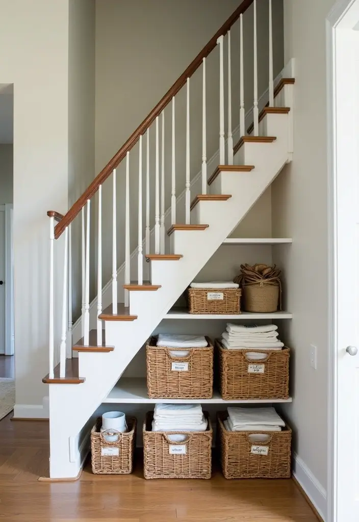 29 Hallway Stairs Inspirations That Maximize Vertical Space 19 29 Hallway Stairs Inspirations That Maximize Vertical Space - 19. Labeled Baskets for Easy Access