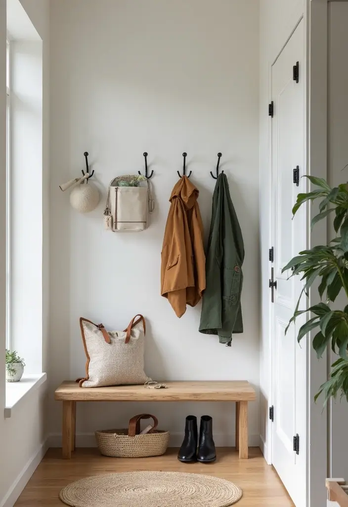 29 Modern Entryway Ideas for a Sleek Minimal Look - 10. Simple Hooks and Wall Racks