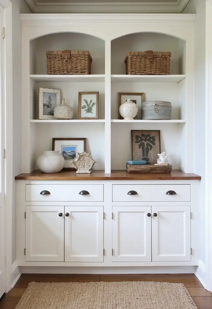 30 Coastal Entryway Ideas That Feel Breezy and Relaxed 10 30 Coastal Entryway Ideas That Feel Breezy and Relaxed - 10. Open Shelving Displays