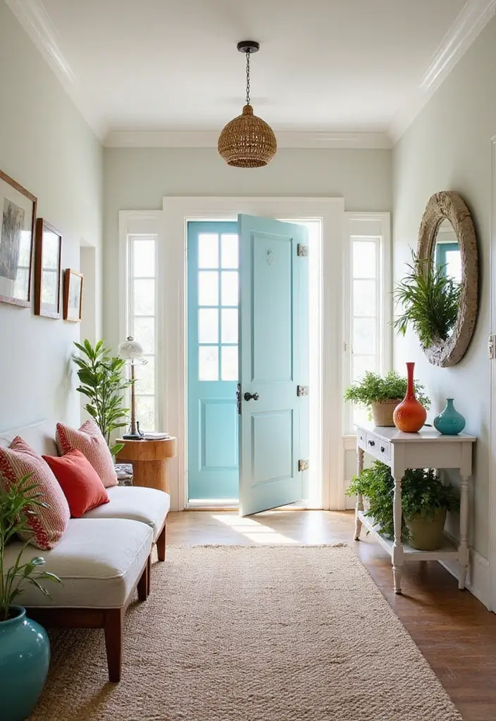 30 Coastal Entryway Ideas That Feel Breezy and Relaxed 11 30 Coastal Entryway Ideas That Feel Breezy and Relaxed - 11. Coastal Color Pops