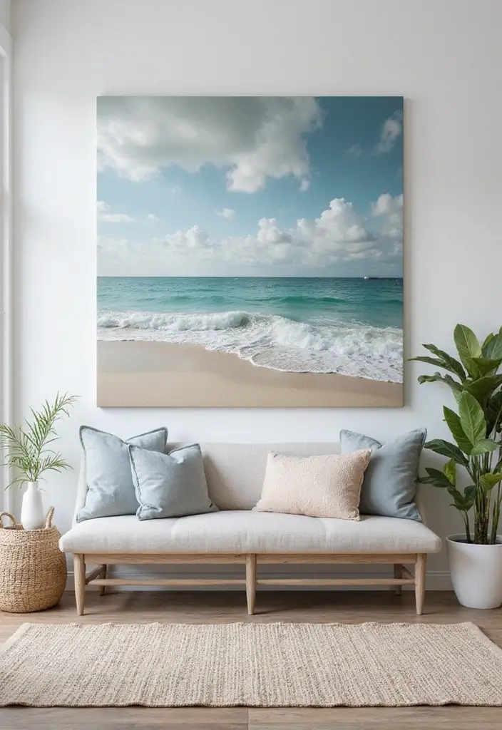 30 Coastal Entryway Ideas That Feel Breezy and Relaxed 19 30 Coastal Entryway Ideas That Feel Breezy and Relaxed - 19. Oversized Art Pieces