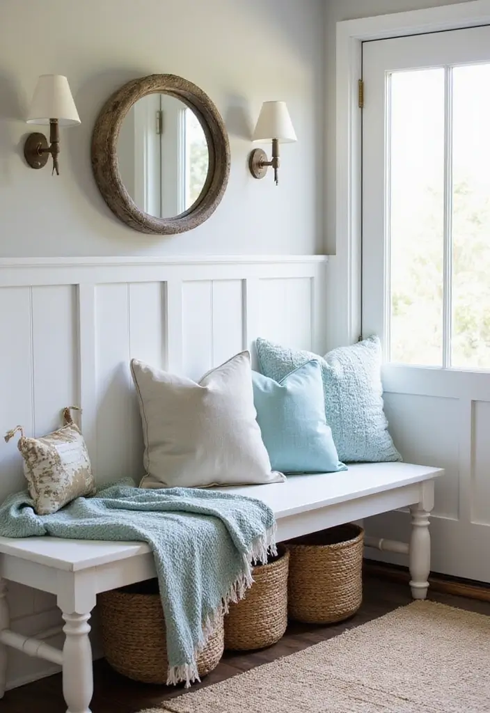 30 Coastal Entryway Ideas That Feel Breezy and Relaxed 22 30 Coastal Entryway Ideas That Feel Breezy and Relaxed - 22. Soft Throws and Pillows