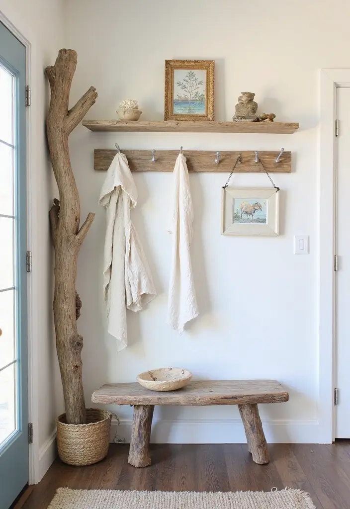 30 Coastal Entryway Ideas That Feel Breezy and Relaxed 5 30 Coastal Entryway Ideas That Feel Breezy and Relaxed - 5. Driftwood Accents