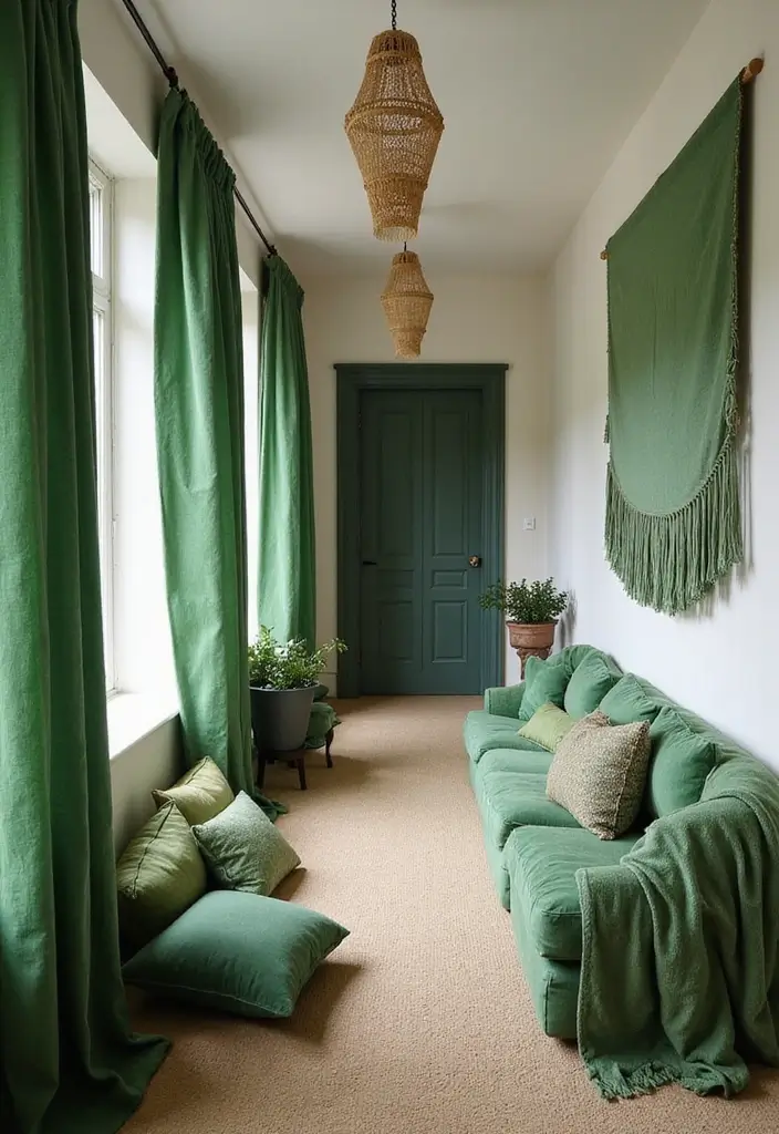 30 Green Hallway Inspirations Full of Fresh Energy 12 30 Green Hallway Inspirations Full of Fresh Energy - 12. Layered Green Textiles