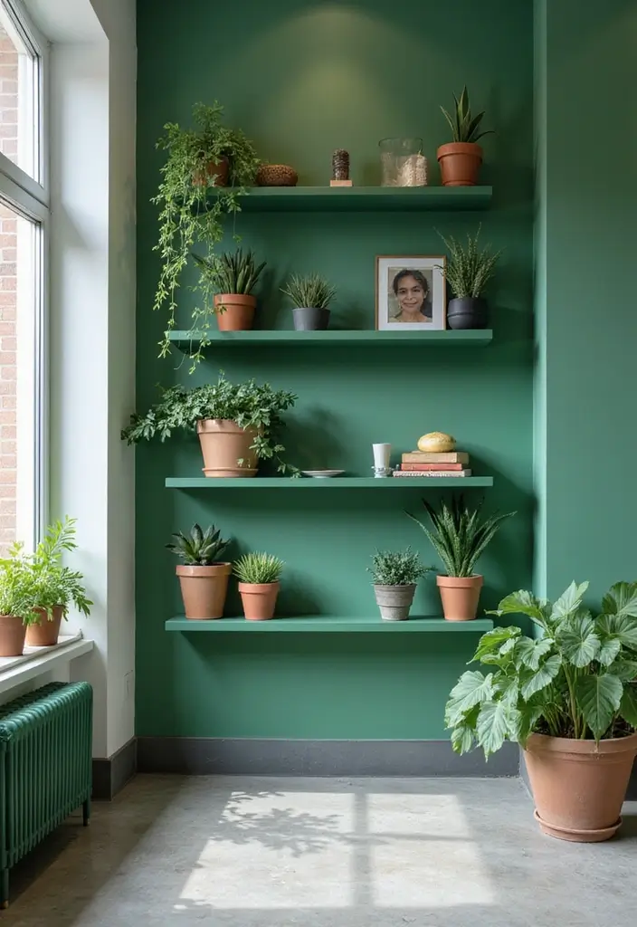 30 Green Hallway Inspirations Full of Fresh Energy 24 30 Green Hallway Inspirations Full of Fresh Energy - 24. Green Display Shelves