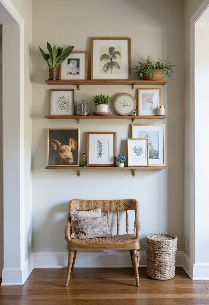 30 Hallway Decorating Ideas That Transform Empty Spaces 25 30 Hallway Decorating Ideas That Transform Empty Spaces - 25. Layering Art with Shelves