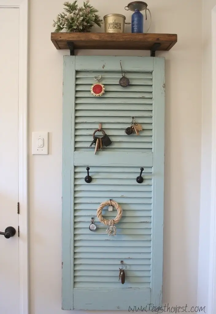 30 Key Holder Entryway Ideas That Are Cute and Practical - 10. Upcycled Shutters Key Holder