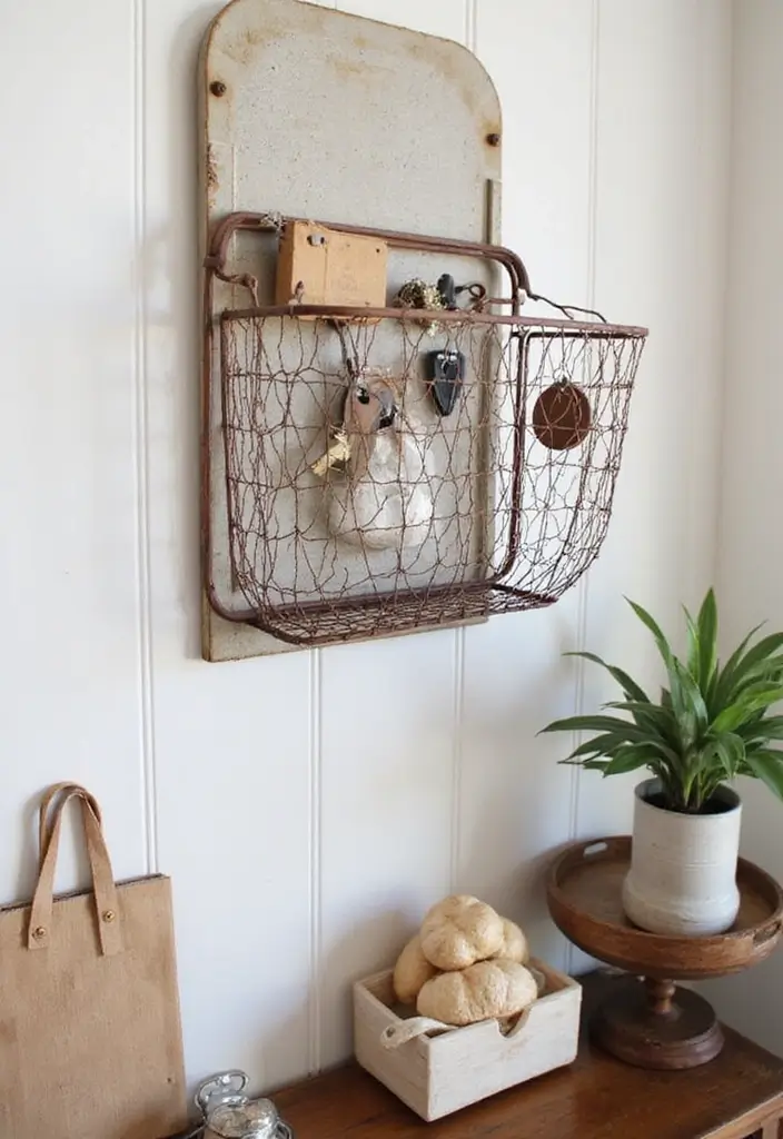 30 Key Holder Entryway Ideas That Are Cute and Practical - 18. Rustic Wire Basket Key Holder