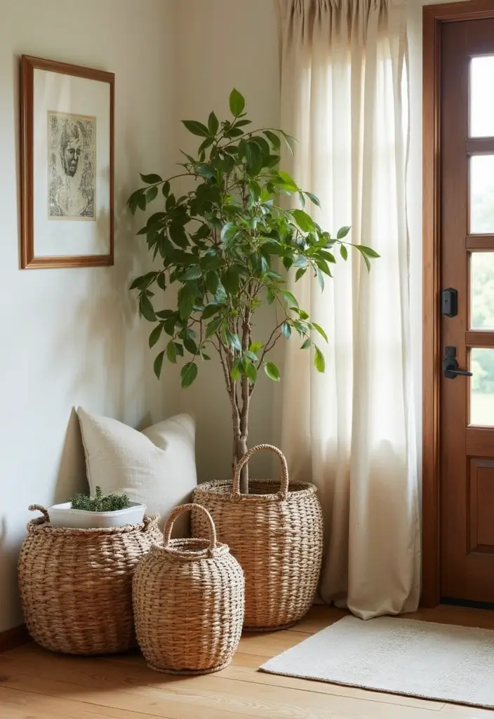 25 Corner Entryway Ideas That Save Space Beautifully 8 25 Corner Entryway Ideas That Save Space Beautifully - 8. Charming Woven Baskets