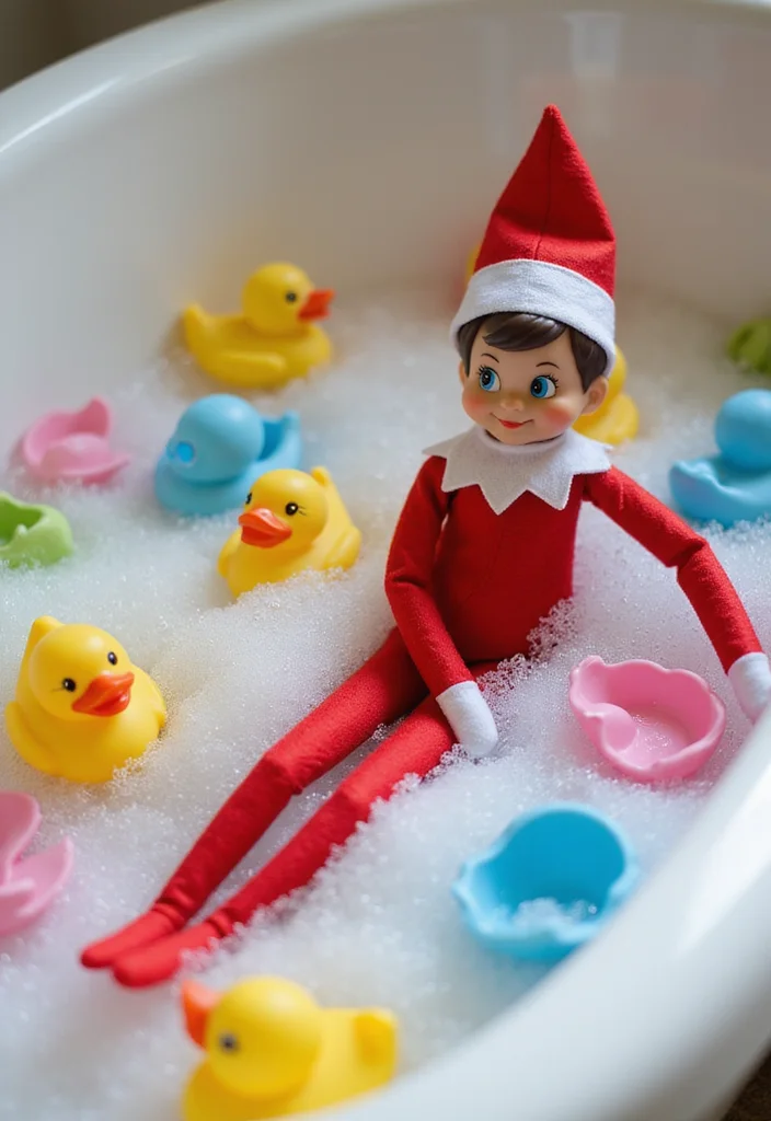 10 Elf on the Shelf Bathroom Ideas for Cute Funny Holiday Moments 1 10 Elf on the Shelf Bathroom Ideas for Cute Funny Holiday Moments - 1. Elf Bubble Bath Extravaganza