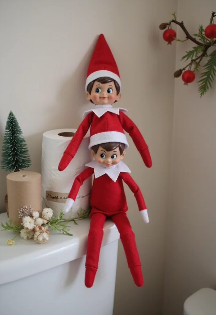 10 Elf on the Shelf Bathroom Ideas for Cute Funny Holiday Moments 12 10 Elf on the Shelf Bathroom Ideas for Cute Funny Holiday Moments - 2. Elf's Festive Toilet Paper Roll