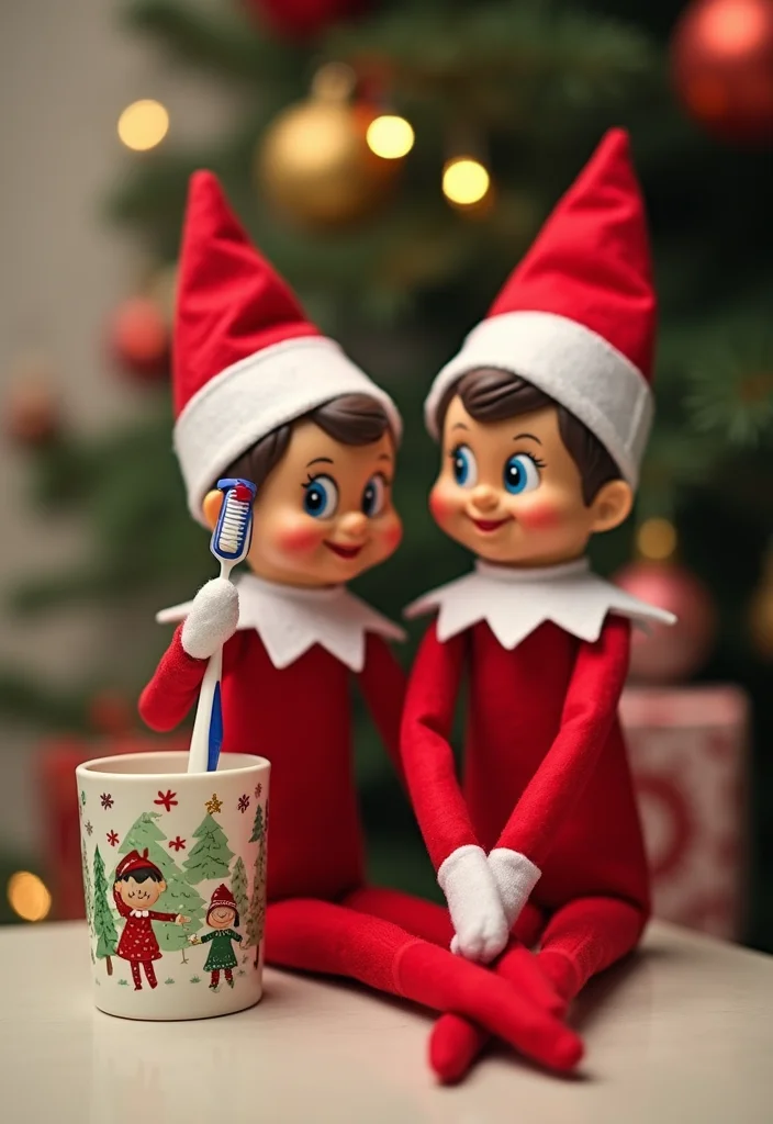 10 Elf on the Shelf Bathroom Ideas for Cute Funny Holiday Moments 45 10 Elf on the Shelf Bathroom Ideas for Cute Funny Holiday Moments - 5. Elf's Creative Toothbrush Holder