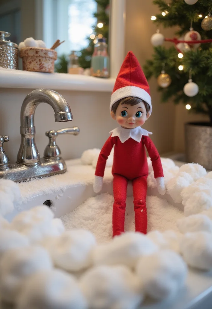 10 Elf on the Shelf Bathroom Ideas for Cute Funny Holiday Moments 56 10 Elf on the Shelf Bathroom Ideas for Cute Funny Holiday Moments - 6. Elf's Snowy Bathroom Adventure