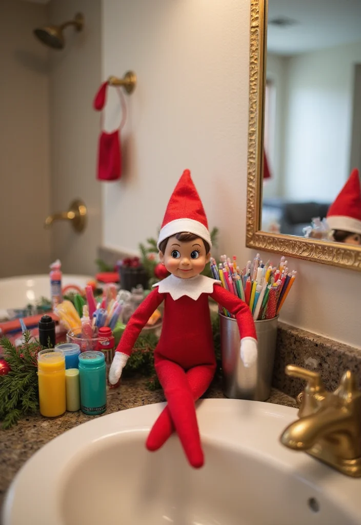 10 Elf on the Shelf Bathroom Ideas for Cute Funny Holiday Moments 67 10 Elf on the Shelf Bathroom Ideas for Cute Funny Holiday Moments - 7. Elf's Holiday Craft Station