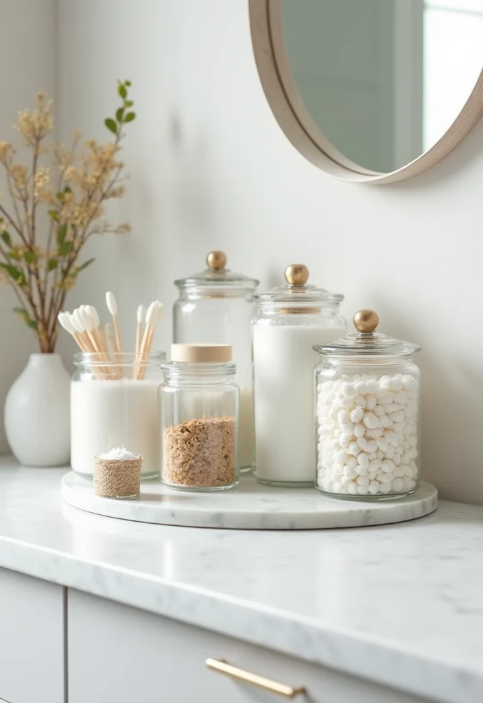 12 Bathroom Counter Decor Ideas for Simple Clean Polished Looks 78 12 Bathroom Counter Decor Ideas for Simple Clean Polished Looks - 8. Clear Storage Jars