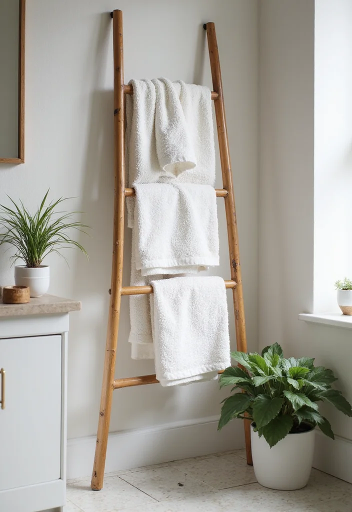 12 Bathroom Towel Holder Ideas for Practical Neat Everyday Use 23 12 Bathroom Towel Holder Ideas for Practical Neat Everyday Use - 3. Bamboo Ladder Towel Holder