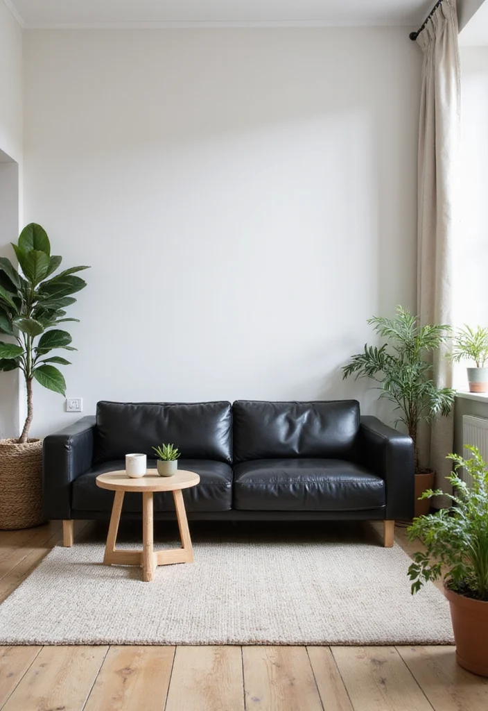 12 Black Leather Sofa Living Room Ideas for Sleek Modern Comfort 1 12 Black Leather Sofa Living Room Ideas for Sleek Modern Comfort - 1. Scandinavian Minimalism with Black Leather