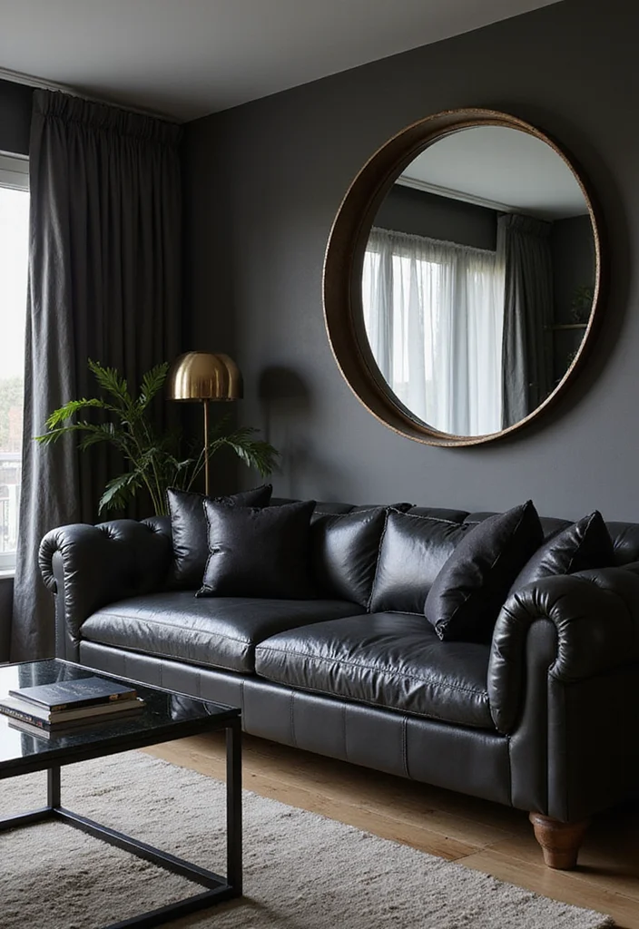 12 Black Leather Sofa Living Room Ideas for Sleek Modern Comfort 122 12 Black Leather Sofa Living Room Ideas for Sleek Modern Comfort - 12. Reflective Surfaces for Depth