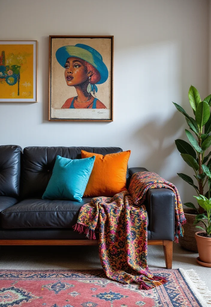 12 Black Leather Sofa Living Room Ideas for Sleek Modern Comfort 12 12 Black Leather Sofa Living Room Ideas for Sleek Modern Comfort - 2. Bold Color Accents to Brighten the Space