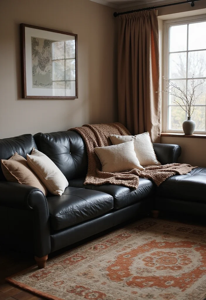 12 Black Leather Sofa Living Room Ideas for Sleek Modern Comfort 45 12 Black Leather Sofa Living Room Ideas for Sleek Modern Comfort - 5. Cozy Textures for Ultimate Comfort
