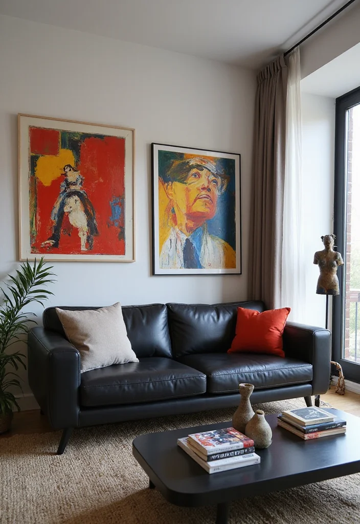 12 Black Leather Sofa Living Room Ideas for Sleek Modern Comfort 56 12 Black Leather Sofa Living Room Ideas for Sleek Modern Comfort - 6. Artistic Flair with Statement Pieces