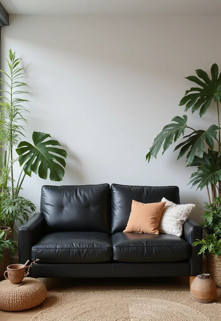 12 Black Leather Sofa Living Room Ideas for Sleek Modern Comfort 67 12 Black Leather Sofa Living Room Ideas for Sleek Modern Comfort - 7. Nature-Inspired Accents
