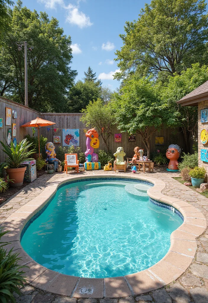 12 Bloxburg Backyard Ideas With Pool for Cute Fun Creative Builds 111 12 Bloxburg Backyard Ideas With Pool for Cute Fun Creative Builds - 11. Colorful Poolside Artwork