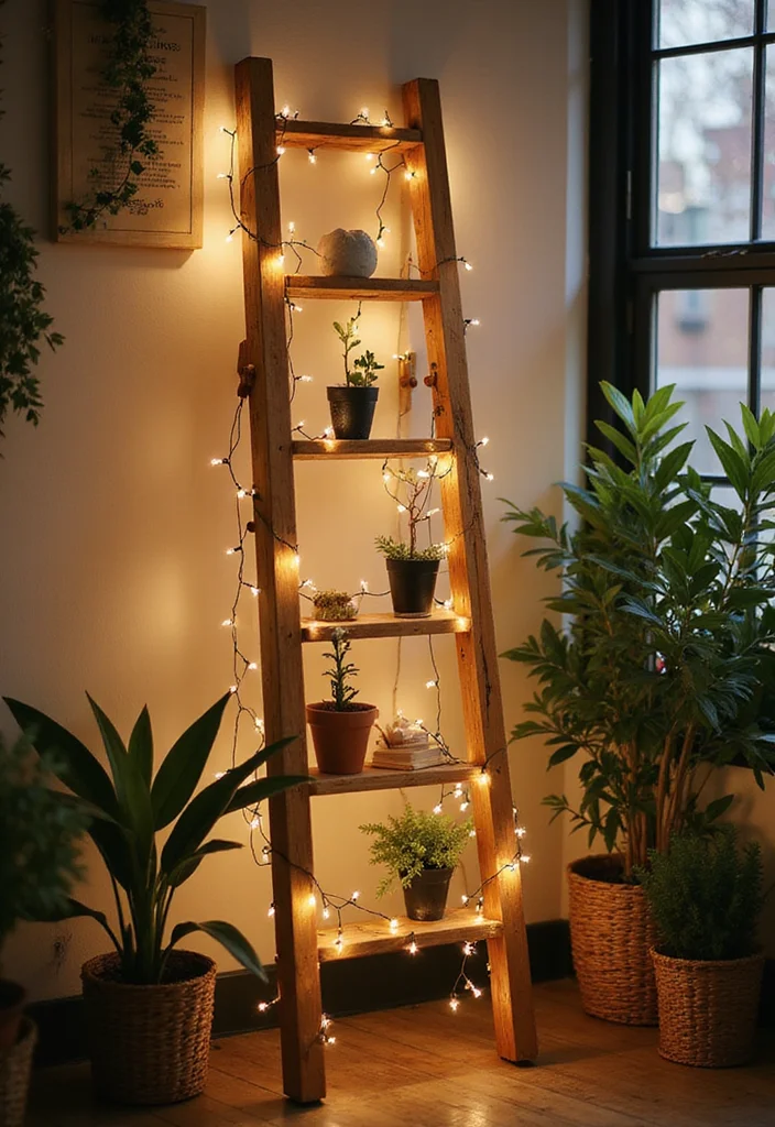 12 Fairy Lights Bedroom Ideas for Soft Magical Ambient Glow 111 12 Fairy Lights Bedroom Ideas for Soft Magical Ambient Glow - 11. Ladder of Lights