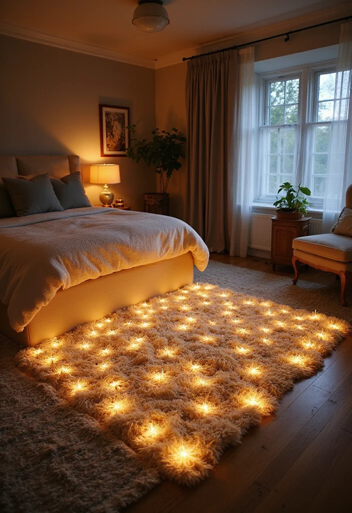 12 Fairy Lights Bedroom Ideas for Soft Magical Ambient Glow 122 12 Fairy Lights Bedroom Ideas for Soft Magical Ambient Glow - 12. Fairy Light Rug
