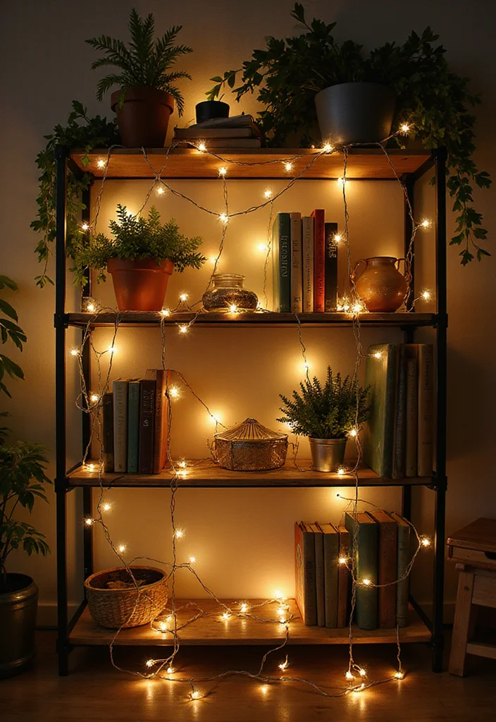 12 Fairy Lights Bedroom Ideas for Soft Magical Ambient Glow 34 12 Fairy Lights Bedroom Ideas for Soft Magical Ambient Glow - 4. Twinkling Shelves