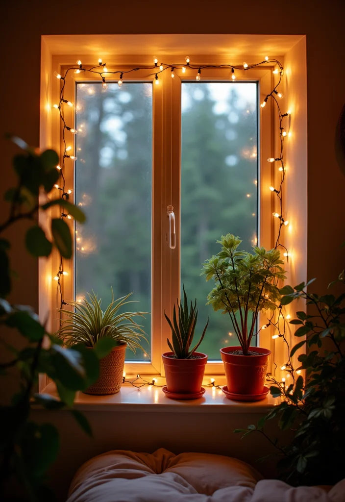 12 Fairy Lights Bedroom Ideas for Soft Magical Ambient Glow 78 12 Fairy Lights Bedroom Ideas for Soft Magical Ambient Glow - 8. Window Wonder