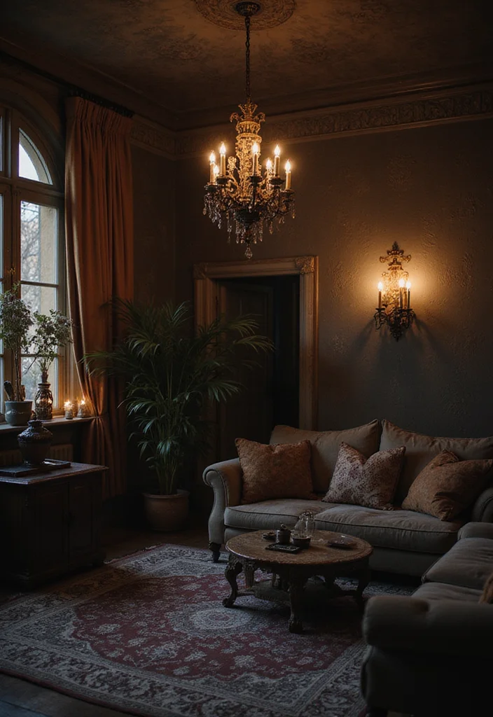 12 Gothic Living Room Ideas for Dark Dramatic Elegant Spaces 23 12 Gothic Living Room Ideas for Dark Dramatic Elegant Spaces - 3. Dramatic Lighting Fixtures