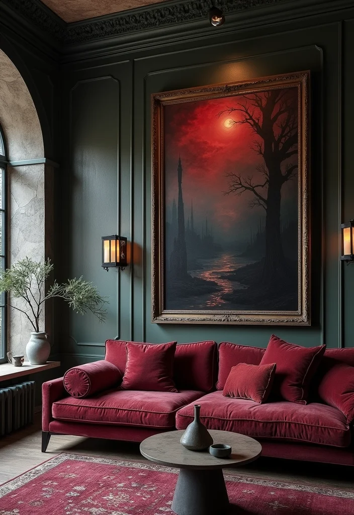12 Gothic Living Room Ideas for Dark Dramatic Elegant Spaces 56 12 Gothic Living Room Ideas for Dark Dramatic Elegant Spaces - 6. Statement Wall Art