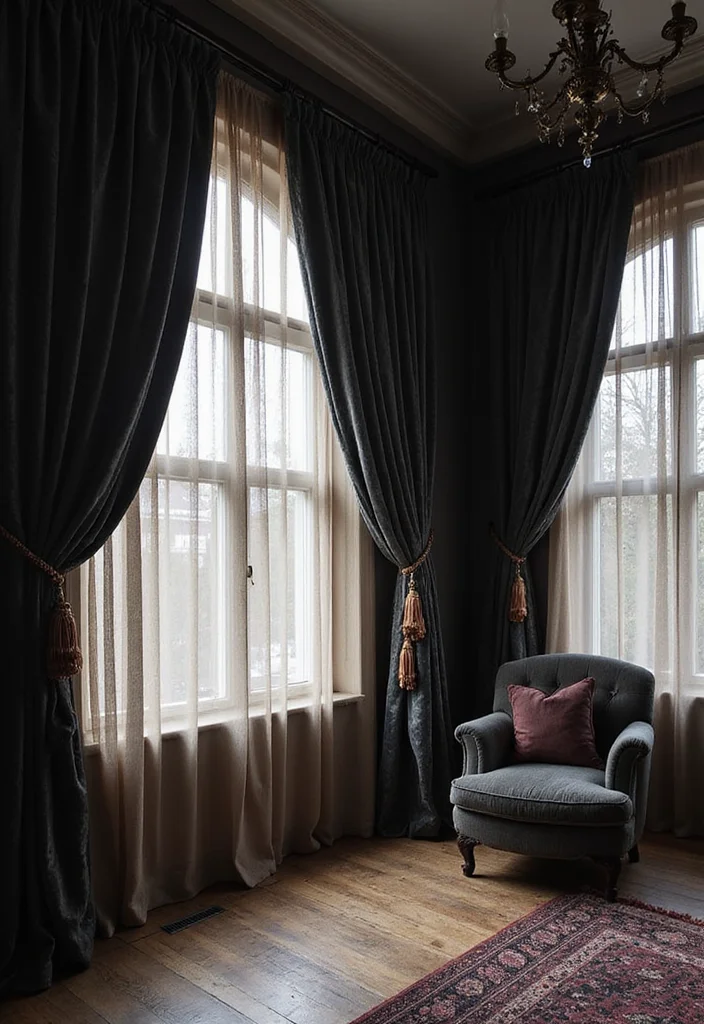 12 Gothic Living Room Ideas for Dark Dramatic Elegant Spaces 89 12 Gothic Living Room Ideas for Dark Dramatic Elegant Spaces - 9. Layered Window Treatments