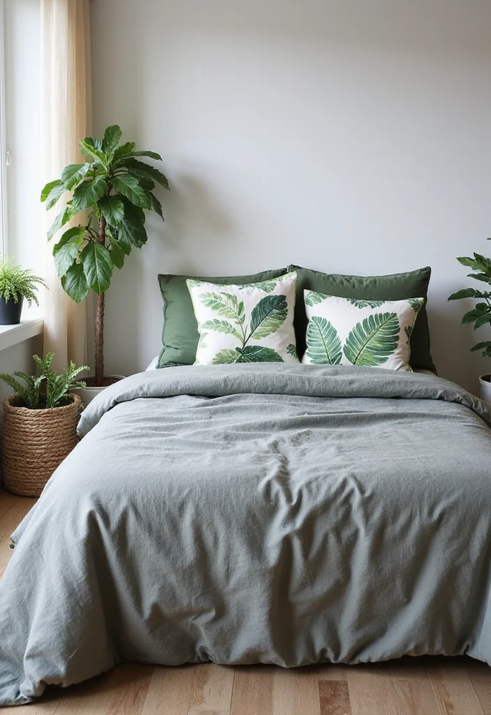 12 Gray and Green Bedroom Ideas for Calm Natural Soft Balance 12 12 Gray and Green Bedroom Ideas for Calm Natural Soft Balance - 2. Gray-Covered Bed with Green Botanical Prints