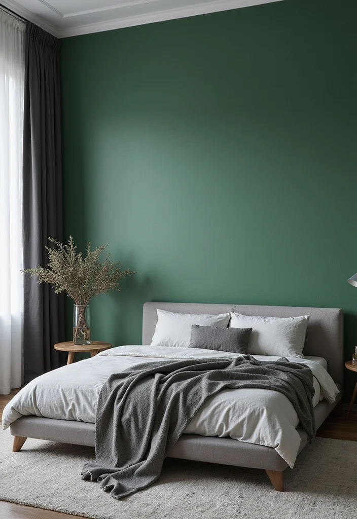 12 Gray and Green Bedroom Ideas for Calm Natural Soft Balance 34 12 Gray and Green Bedroom Ideas for Calm Natural Soft Balance - 4. Green Accent Wall with Gray Decor