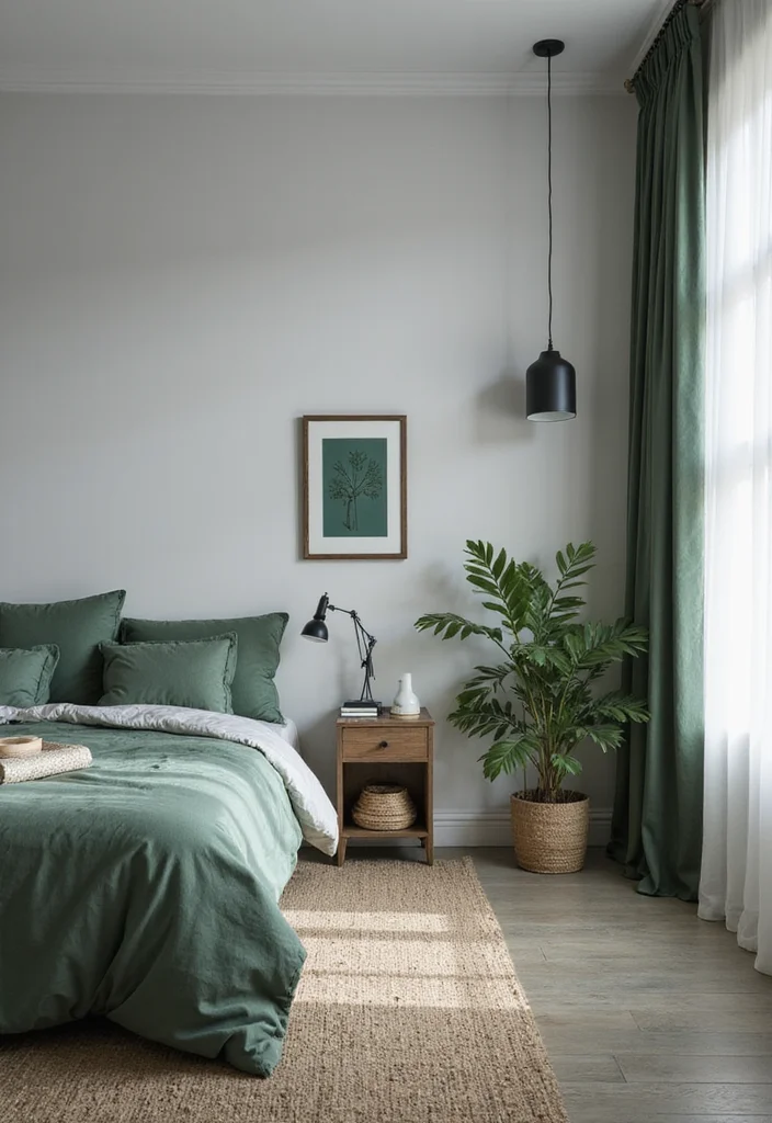12 Gray and Green Bedroom Ideas for Calm Natural Soft Balance 67 12 Gray and Green Bedroom Ideas for Calm Natural Soft Balance - 7. Light Gray Walls with Dark Green Details